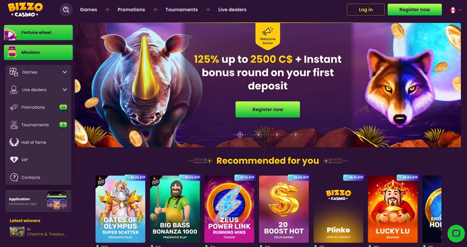 Bizzo casino hero section