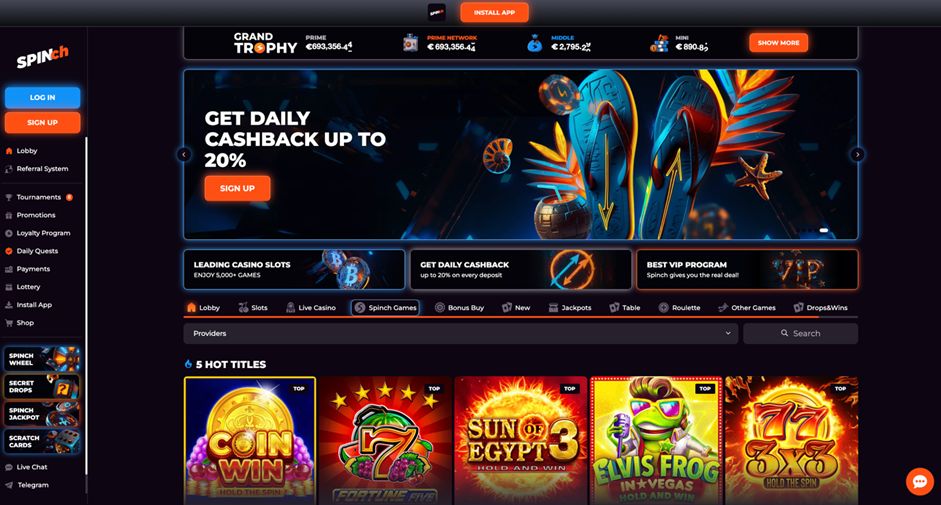 Spinch casino action screen