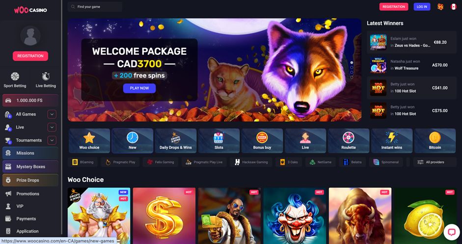 woo casino bonus section